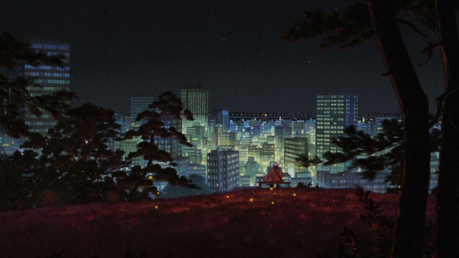 Anh em Seita và Setsuko trong phim Mộ Đom Đóm với linh hồn đom đóm bay lượn trên thành phố bị chiến tranh tàn phá.