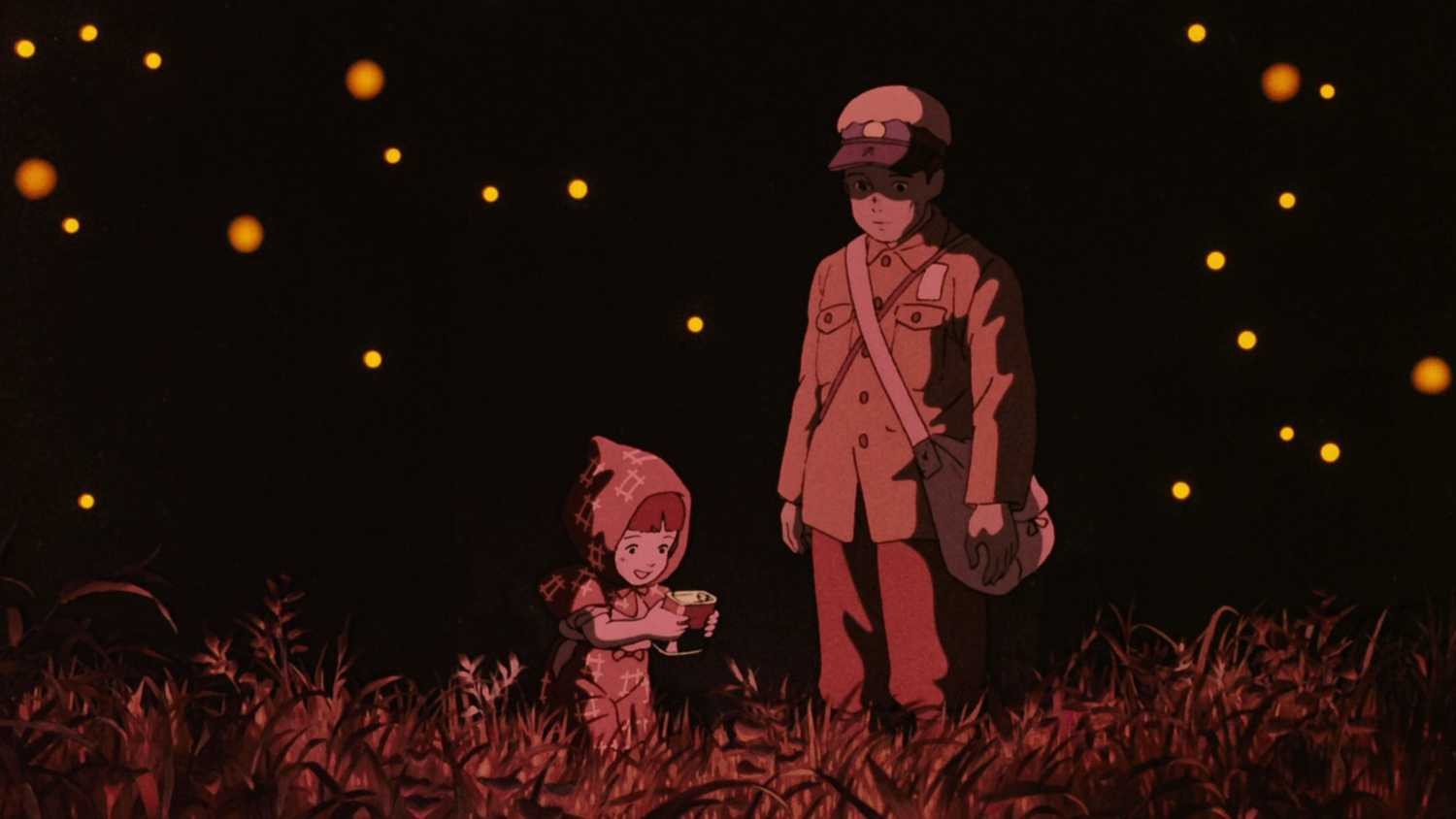 Seita và Setsuko bên ánh đom đóm trong Mộ Đom Đóm, biểu tượng của hy vọng và sự sống mong manh giữa chiến tranh.
