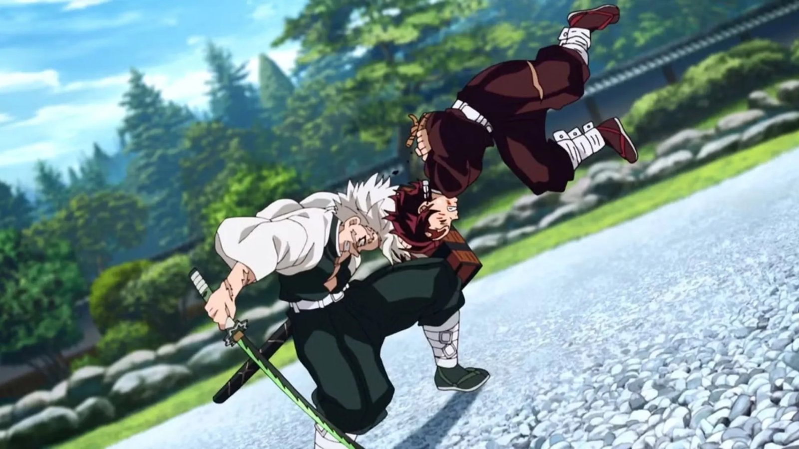 Pha đòn húc đầu của Tanjiro Kamado vào Phong Trụ Sanemi Shinazugawa, thể hiện sức mạnh phi thường