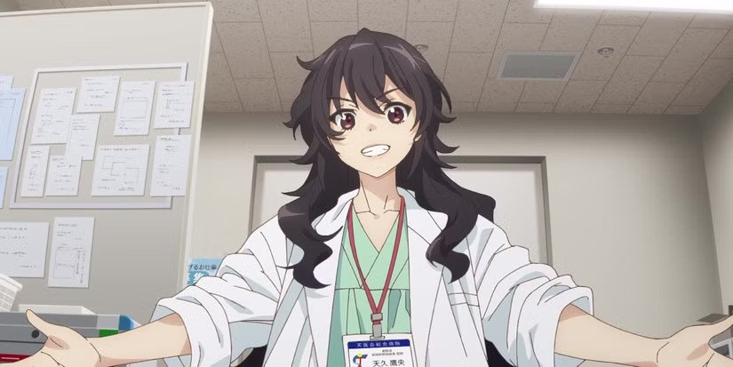 Nữ bác sĩ Ameku trong hình ảnh một người thám tử với kính và sổ tay