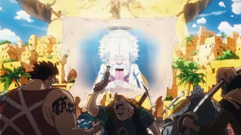 Đảo Hải Tặc sau cuộc đối đầu giữa Kuzan và Garp, một bối cảnh trong One Piece Egghead opening