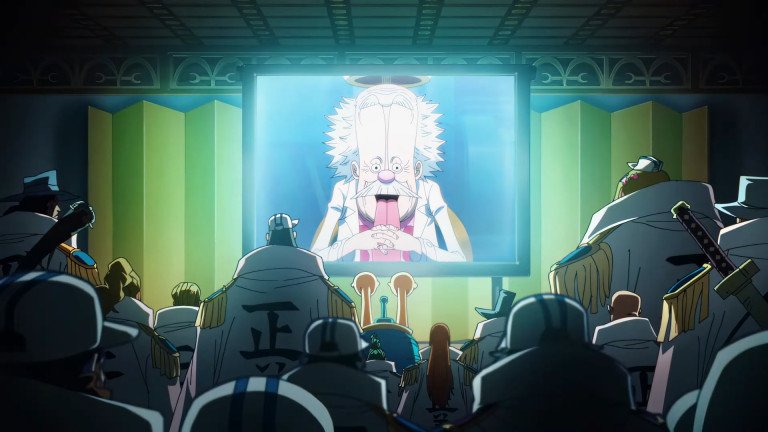 Trụ sở Hải Quân theo dõi buổi phát sóng quan trọng của Vegapunk, một chi tiết ẩn One Piece Egghead opening