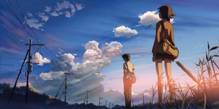 Cảnh kinh điển hoa anh đào rơi trong anime 5 Centimeters Per Second, biểu tượng của sự chia ly và khoảng cách