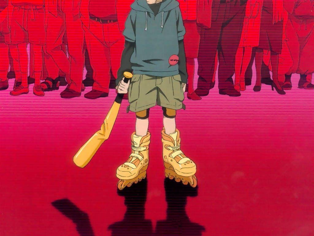 Paranoia Agent: Hình ảnh Lil' Slugger với gậy bóng chày và giày patin vàng