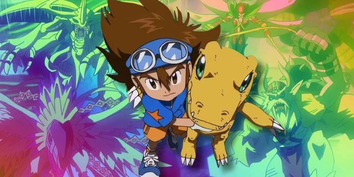 Hình ảnh các nhân vật chính cùng Digimon của họ từ Digimon Adventure, thể hiện sự phiêu lưu và gắn kết