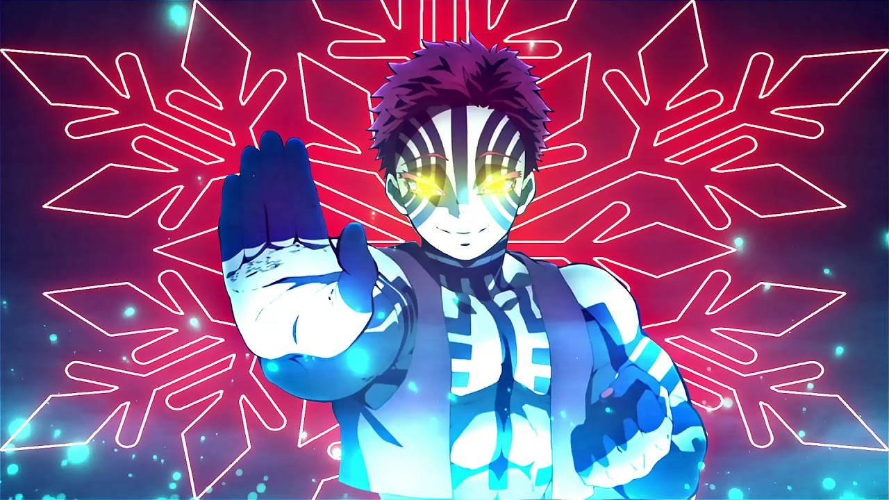 Akaza sử dụng Huyết Quỷ Thuật La Bàn Phá Hoại, hiển thị họa tiết bông tuyết ẩn dụ cho Koyuki, một phần của ý nghĩa thiết kế Akaza.