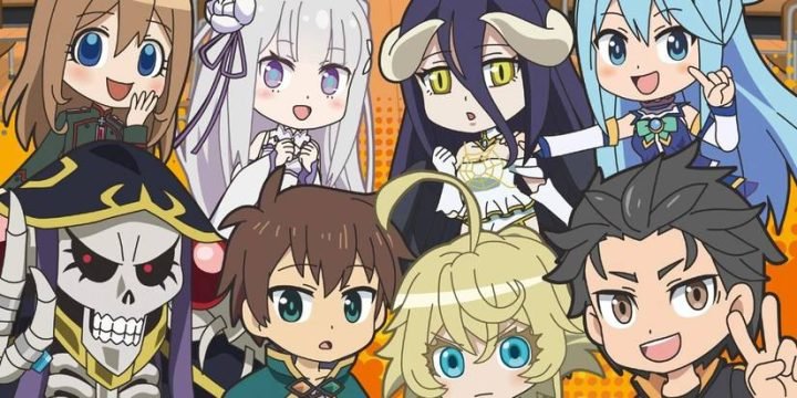 Hình ảnh các nhân vật chính từ nhiều series isekai khác nhau tụ họp trong môi trường học đường của Isekai Quartet