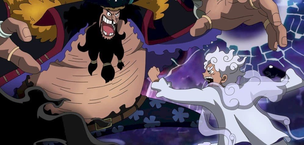 Monkey D. Luffy trong một khoảnh khắc quyết định, với sự kiên định trên khuôn mặt, có thể là trận chiến sắp tới của cậu với Râu Đen, thể hiện sự đối đầu giữa ánh sáng và bóng tối, tự do và chiếm đoạt trong One Piece.