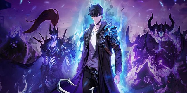Ảnh nhân vật Sung Jinwoo trong Solo Leveling với hiệu ứng năng lượng mạnh mẽ