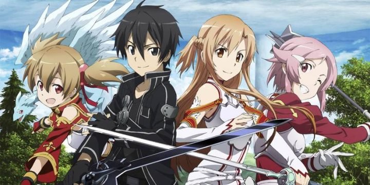Hình ảnh dàn nhân vật chính của Sword Art Online, bao gồm Kirito và Asuna, trong trang phục của game