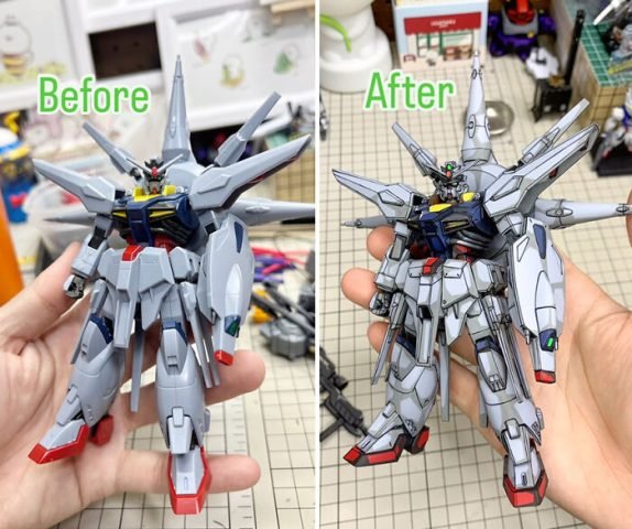 Gundam trước và sau khi áp dụng kỹ thuật cel-shading, thể hiện sự sống động của nhân vật 2D
