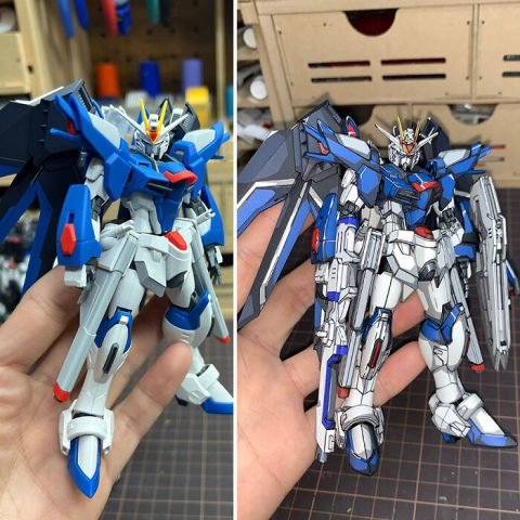 Chi tiết mô hình Gundam được tô màu 2D anime, các đường nét và bóng đổ sắc sảo như bản vẽ