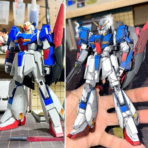 Mô hình Gundam sau khi tô màu 2D anime, thể hiện sự tương phản mạnh mẽ giữa các vùng sáng và tối