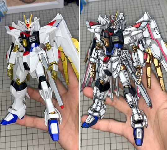 Hình ảnh so sánh mô hình Gundam nguyên bản và phiên bản được tô màu theo phong cách 2D anime