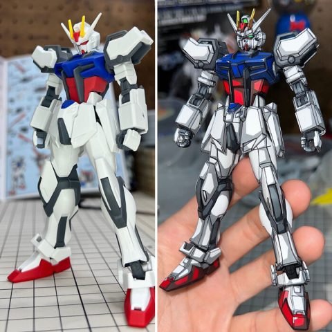 Mô hình Gundam trước và sau khi ứng dụng kỹ thuật tô màu 2D anime, nổi bật đường nét sắc sảo